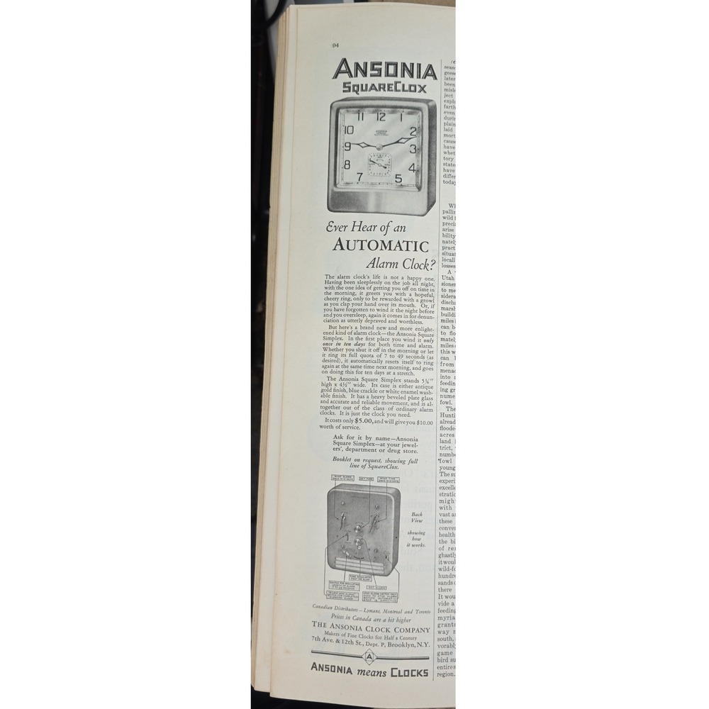 Ansonia Squarelox Automatic Alarm Clock Art Deco 1927 ad